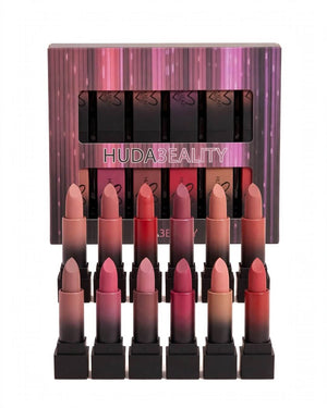 Huda Beauty Matte Lipstick Set 12 Pcs hero white background box with window showing 12 matte lipsticks nude pink red brown original Pakistan