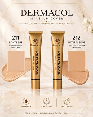 Dermacol foundation shade chart for 211 Light Beige and 212 Natural Beige
