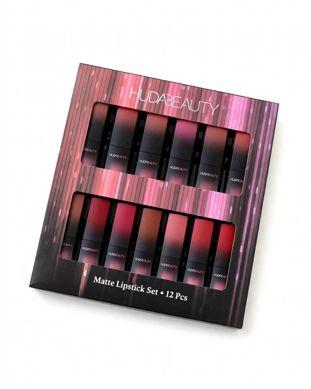 Huda Beauty Matte Lipstick Set 12 Pcs closed box packaging with two windows displaying 12 ombre matte lipsticks pink gradient design