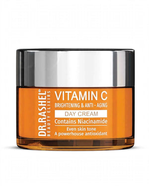 Front label closeup of Dr. Rashel Vitamin C Day Cream containing Niacinamide for even skin tone and antioxidant protection 50g