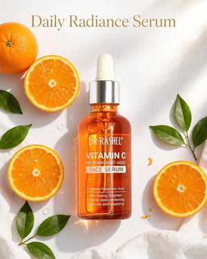 Front label closeup of Dr Rashel Vitamin C Face Serum 50ml contains Hyaluronic Acid - anti aging brighten firming repair protecting improves elasticity Pakistan
