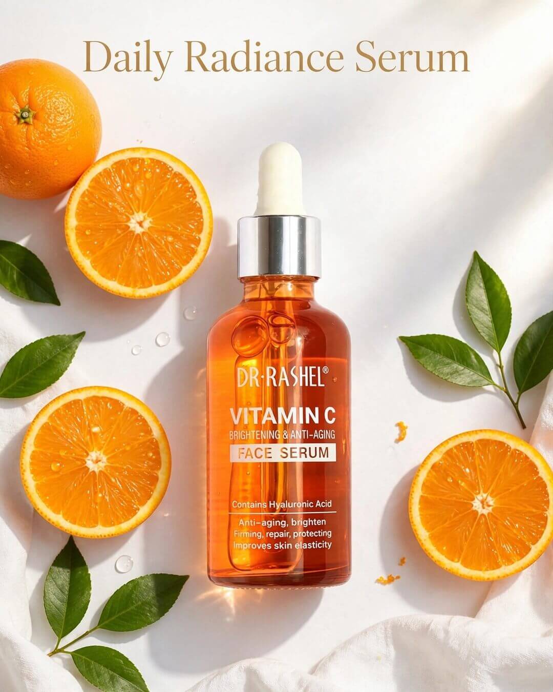 Front label closeup of Dr Rashel Vitamin C Face Serum 50ml contains Hyaluronic Acid - anti aging brighten firming repair protecting improves elasticity Pakistan
