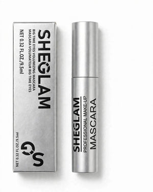 SHEGLAM Big Time Eyes Volumizing Mascara silver box and closed tube duo - front packaging showing SHEGLAM branding and 0.32 FL OZ - original in Pakistan