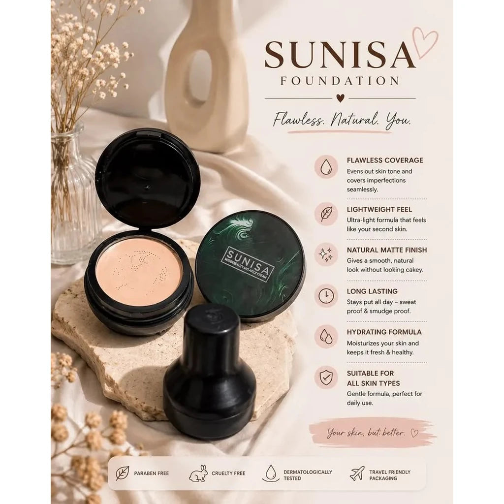Sunisa Air Cushion Foundation – 3 in 1 CC BB Cream, Concealer & Waterproof Coverage