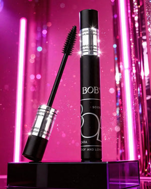 BOB Super Curl Mascara Black Glam Studio Shot - Waterproof mascara tube with wand on pink neon background Pakistan