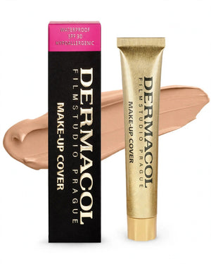 Dermacol Make-Up Cover Foundation gold tube with makeup swatch