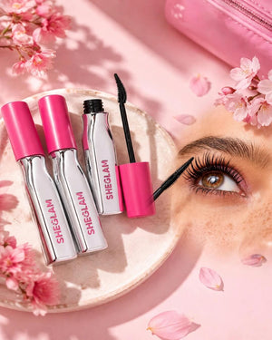 SHEGLAM Lashlighter mascara 3 tubes with lifted long lashes eye result on pink cherry blossom background - waterproof long lasting mascara Pakistan
