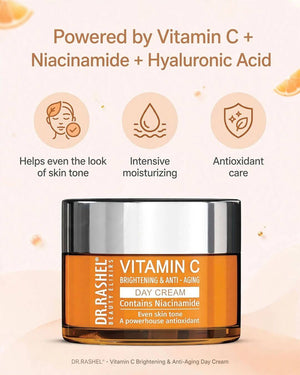 Key benefits of Dr. Rashel Vitamin C Day Cream powered by Vitamin C, Niacinamide and Hyaluronic Acid for intensive moisturizing and antioxidant care