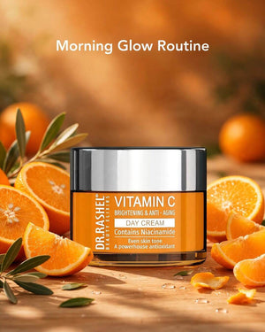 Dr. Rashel Vitamin C Day Cream in morning glow routine lifestyle flatlay with fresh orange slices for natural brightening care