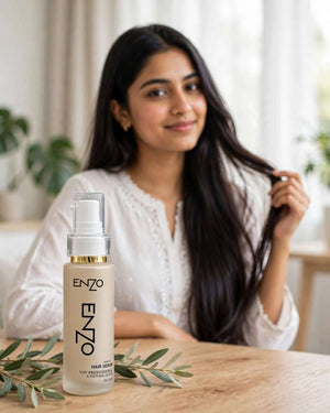 ENZO Keratin Hair Serum 100ml lifestyle with woman with long smooth hair holding hair strand - helps control appearance of frizz and adds look of shine - 4Chand.pk