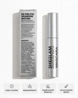 Back of SHEGLAM Big Time Eyes Volumizing Mascara silver box showing ingredients and features - long lasting smudgeproof and easy warm water removal - thick non-caking formula with olive brush