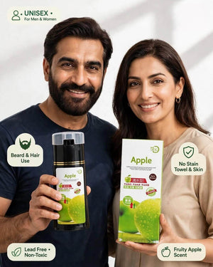 Unisex dark brown hair and beard color shampoo Pakistani couple men women holding Apple 200ml bottle box, infographic badges no stain towel lead free fruity apple scent 72h long lasting