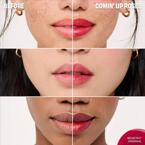 Benetint lip stain before and after comparison – buildable rosy color for lips and cheeks by Benefit Cosmetics
