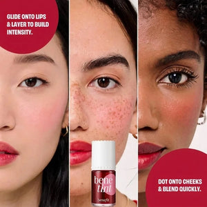 Benetint lip and cheek stain application collage – glide onto lips and layer to build intensity for a rosy flush