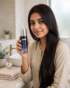 Woman with long shiny hair holding Keratin Hair Serum 80ml bottle