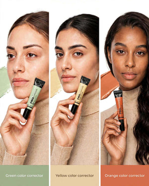 LA Girl HD Pro Conceal Combo Pack of 3 models holding Green Yellow Orange Correctors for medium to deep skin tones Pakistan - Pakistani models in modest high-neck beige turtleneck holding GC992 Green GC991 Yellow GC990 Orange color correctors with lightweight creamy texture, neutralizes redness blue violet undertones dark spots illuminates dark circles, high coverage conservative Meta compliant concealer trio Pakistan, best color corrector combo models Pakistan