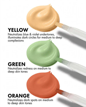 LA Girl HD Pro Conceal GC991 Yellow GC992 Green GC990 Orange Correctors creamy dollop swatch trio with brush applicators - Close-up of yellow beige-green mint orange terracotta dollops showing rich creamy pigments that neutralize blue violet undertones redness dark spots on medium to deep skin tones Pakistan, YELLOW neutralizes blue violet undertones illuminates dark circles for medium to deep complexions, GREEN neutralizes redness on medium to deep, ORANGE neutralizes dark spots on medium to deep