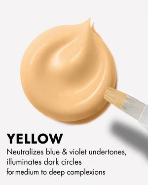 LA Girl GC991 Yellow Corrector creamy dollop swatch texture with brush - Close-up of LA Girl HD Pro Conceal Yellow Corrector beige-yellow dollop showing rich creamy pigment that neutralizes blue violet undertones and illuminates dark circles for medium to deep complexions in Pakistan, opaque lightweight coverage YELLOW Neutralizes blue violet undertones illuminates dark circles for medium to deep complexions best yellow swatch Pakistan