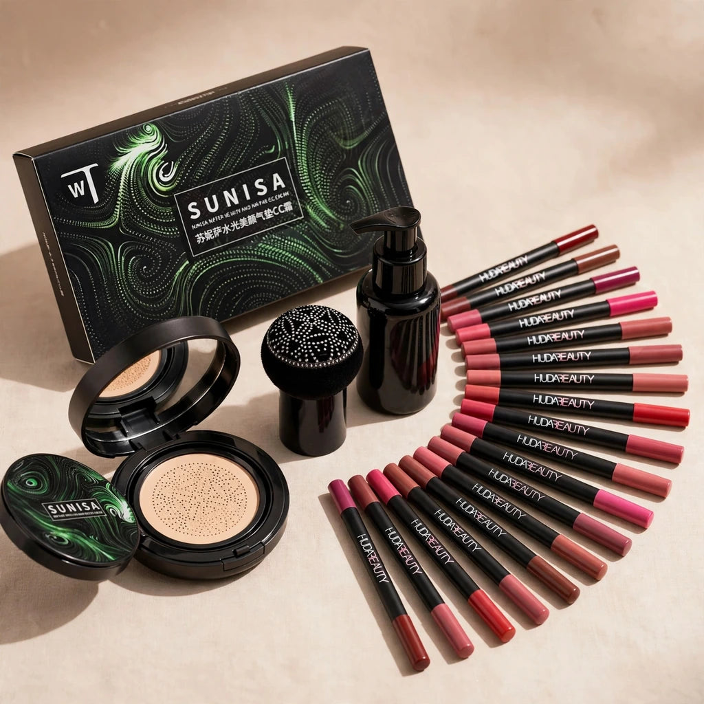 2-in-1 Glam Combo - Sunisa 3-in-1 Air Cushion CC Foundation + 12 Pcs Huda Beauty Lip Liners