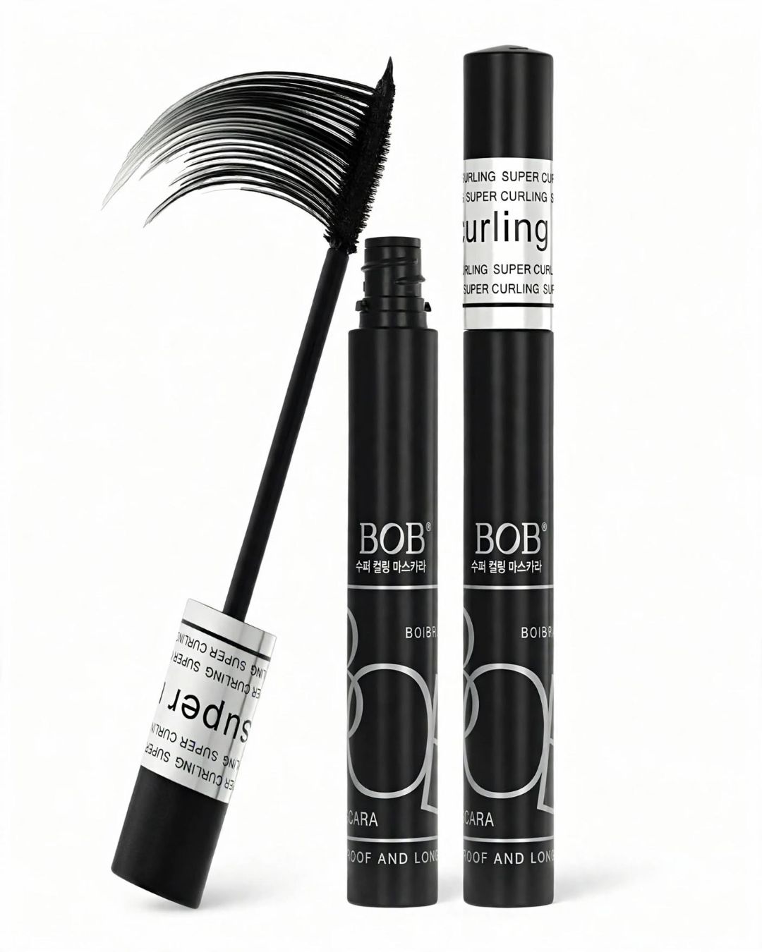 BOB Super Curl Mascara Waterproof Black Original Pakistan - Hero shot with two tubes and curve wand on white background
