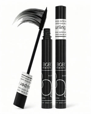 BOB Super Curl Mascara Waterproof Black Original Pakistan - Hero shot with two tubes and curve wand on white background
