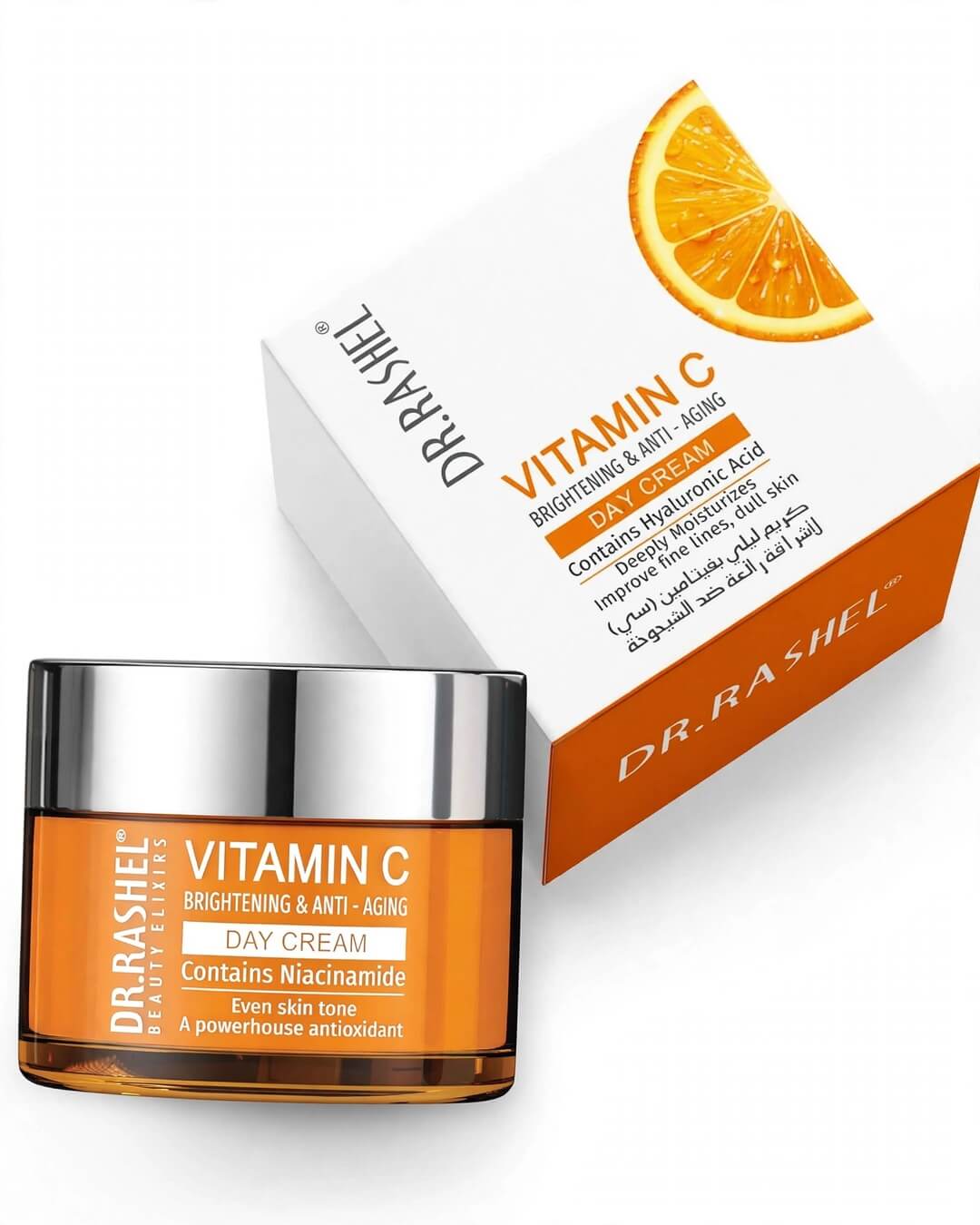 Dr. Rashel Vitamin C Brightening and Anti-Aging Day Cream 50g original jar and box on pure white background - best vitamin C day cream price in Pakistan