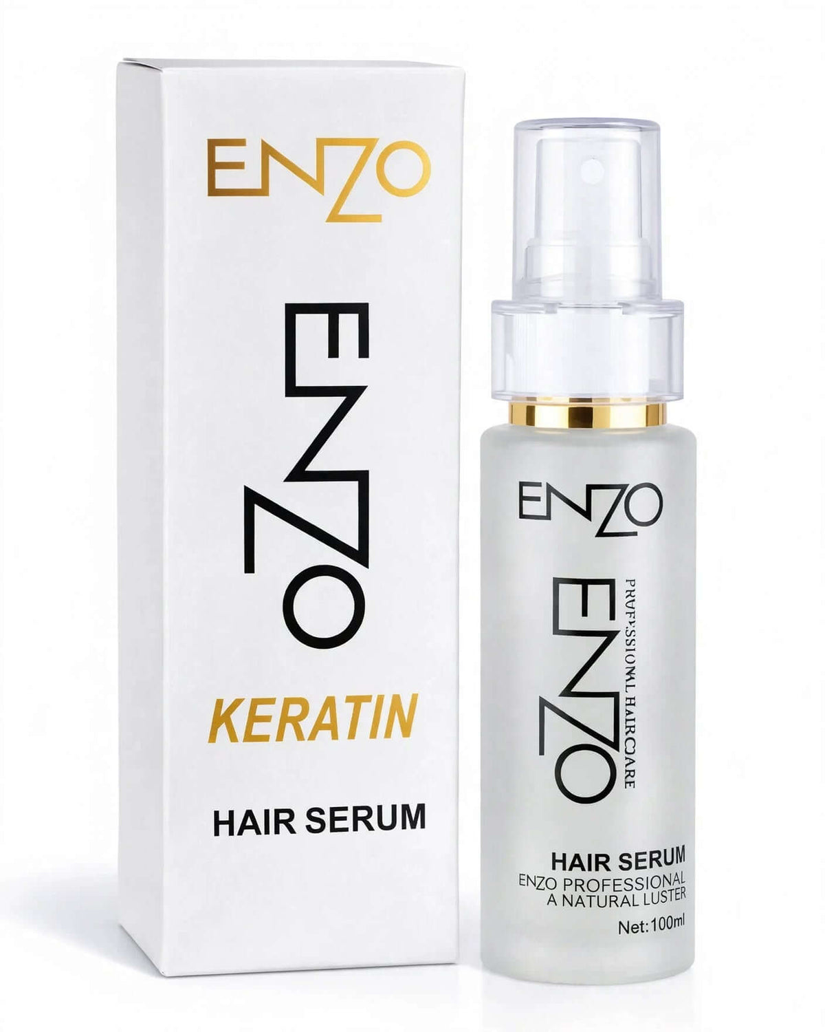Original ENZO Keratin Hair Serum 100ml bottle and box on white background - ENZO Professional Natural Luster - 100% Original in Pakistan - 4Chand.pk