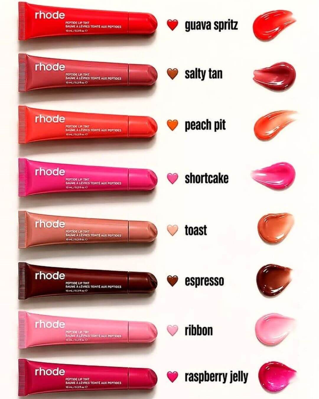 A vertical product lineup of eight Rhode lip oil tubes in different shades, each paired with a corresponding glossy lip swatch and shade name on a white background. Shades include guava spritz, salty tan, peach pit, shortcake, toast, espresso, ribbon, and raspberry jelly.