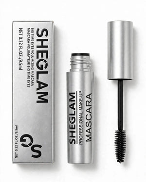 Original SHEGLAM Big Time Eyes Volumizing Mascara silver packaging - box, open tube and olive brush wand on pure white background - 100% authentic in Pakistan