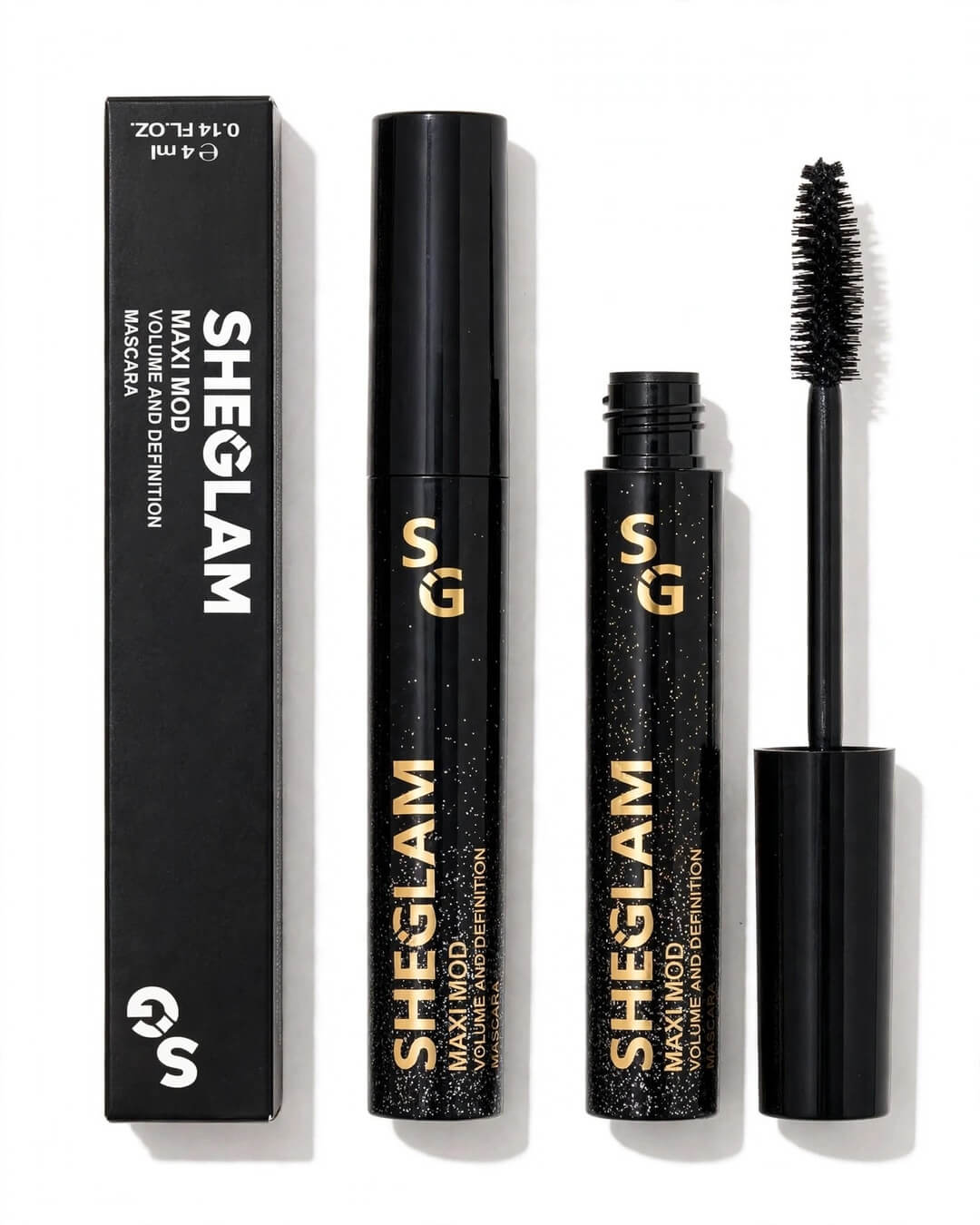 Original SHEGLAM Maxi Mod Volume and Definition Mascara black box and gold glitter tubes hero - closed tube plain matte black cap no sparkles open tube dense volume brush wand - pure white - 100% original Pakistan