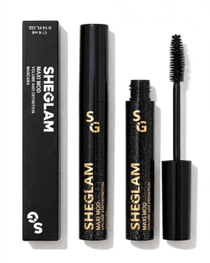 Original SHEGLAM Maxi Mod Volume and Definition Mascara black box and gold glitter tubes hero - closed tube plain matte black cap no sparkles open tube dense volume brush wand - pure white - 100% original Pakistan