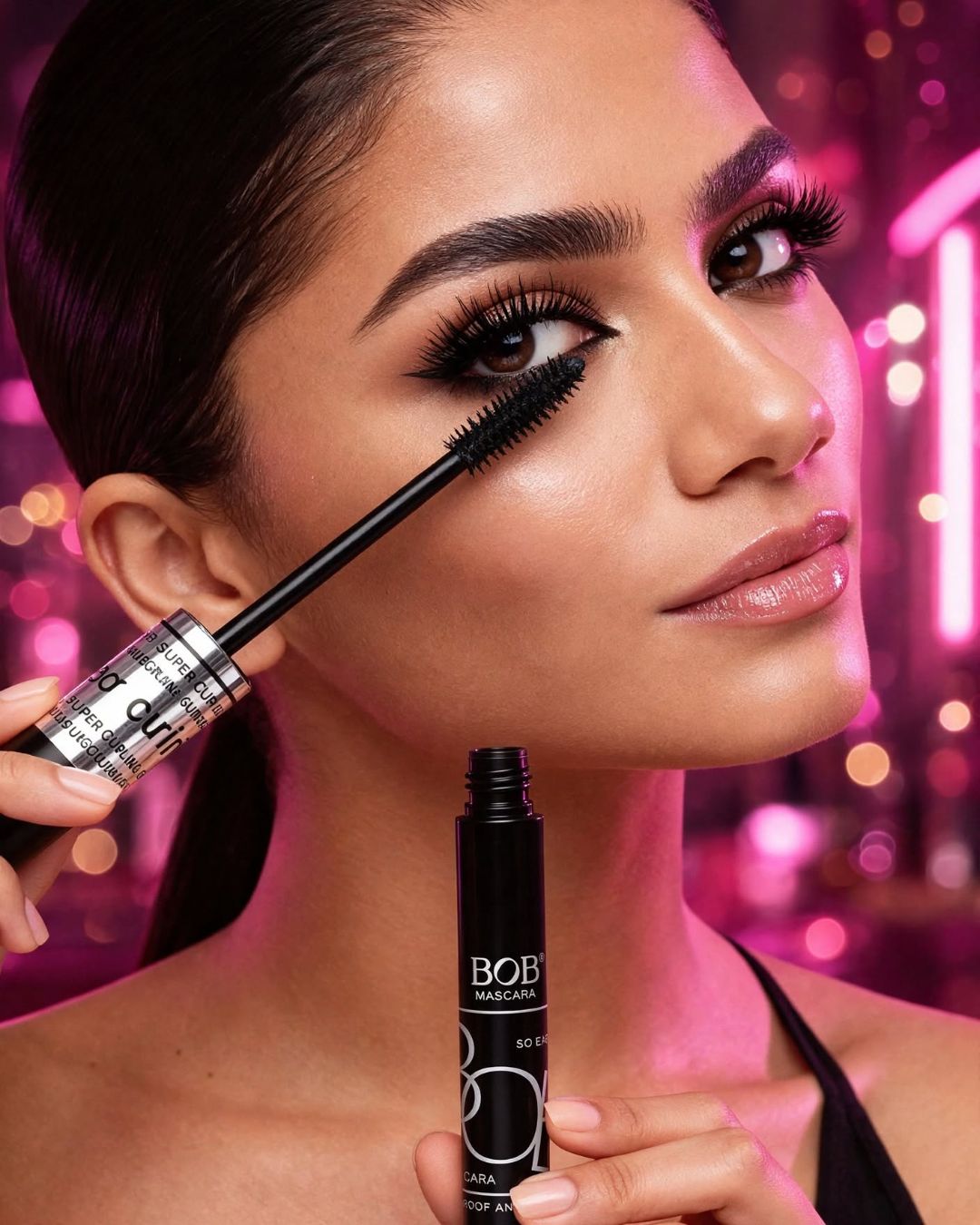 BOB Super Curl Mascara Volumizing Model Result - Woman applying black waterproof mascara for long curled lashes Pakistan

