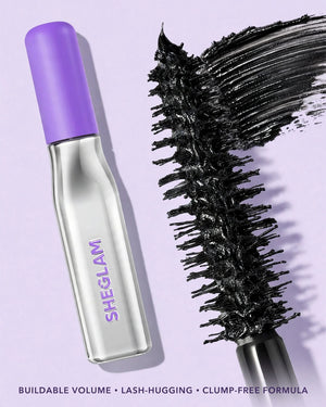 SHEGLAM Mega Boost tall slim silver bottle purple cap with vertical SHEGLAM logo and extra large conical brush macro black formula smear buildable volume