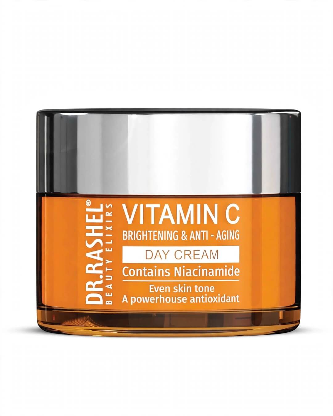 Front label closeup of Dr. Rashel Vitamin C Day Cream containing Niacinamide for even skin tone and antioxidant protection 50g