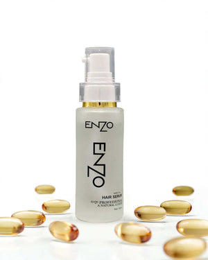 ENZO Professional Keratin Hair Serum 100ml frosted bottle with golden keratin oil capsules around it - helps improve look of shine and smoothness - 4Chand.pk Pakistan