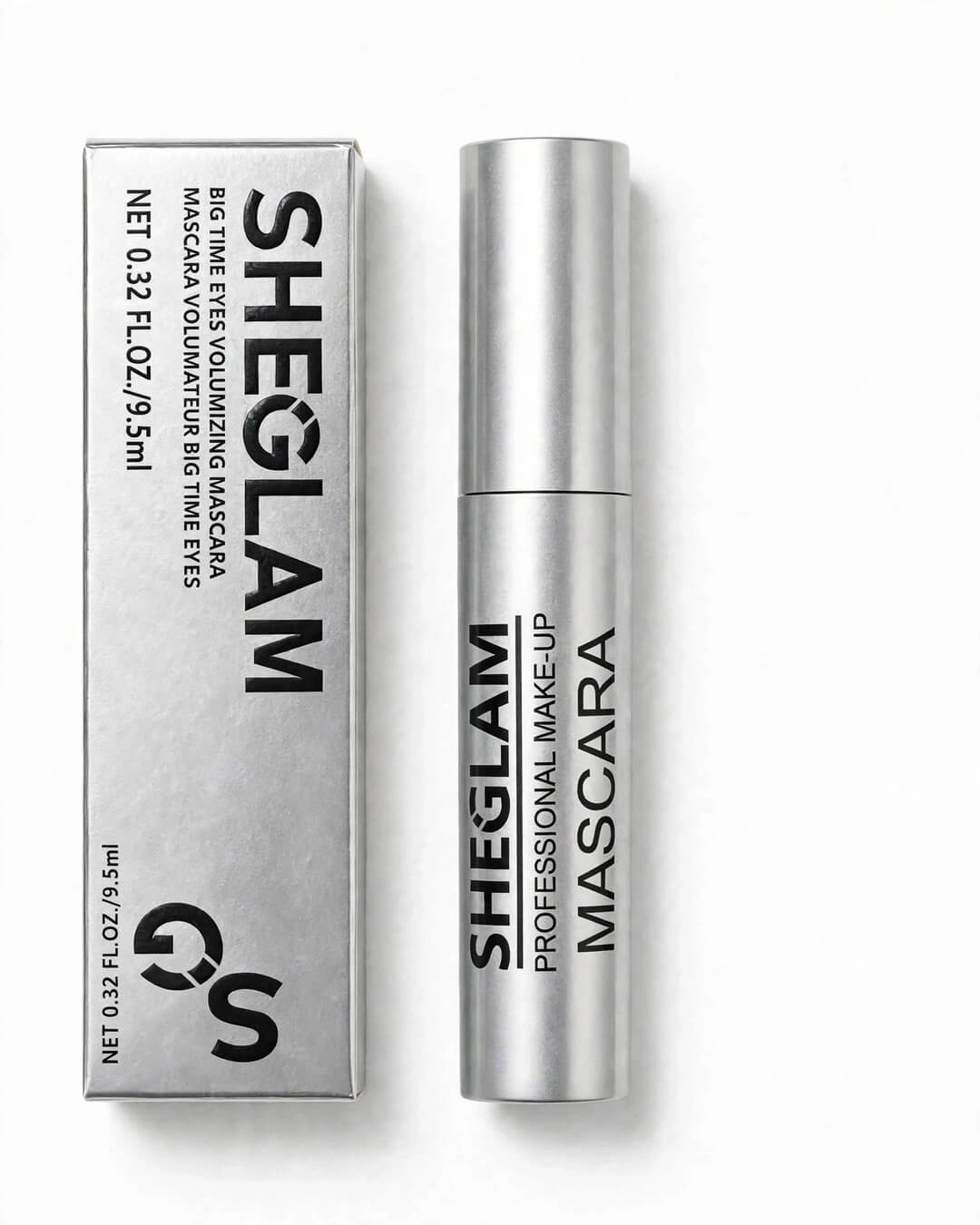 SHEGLAM Big Time Eyes Volumizing Mascara silver box and closed tube duo - front packaging showing SHEGLAM branding and 0.32 FL OZ - original in Pakistan
