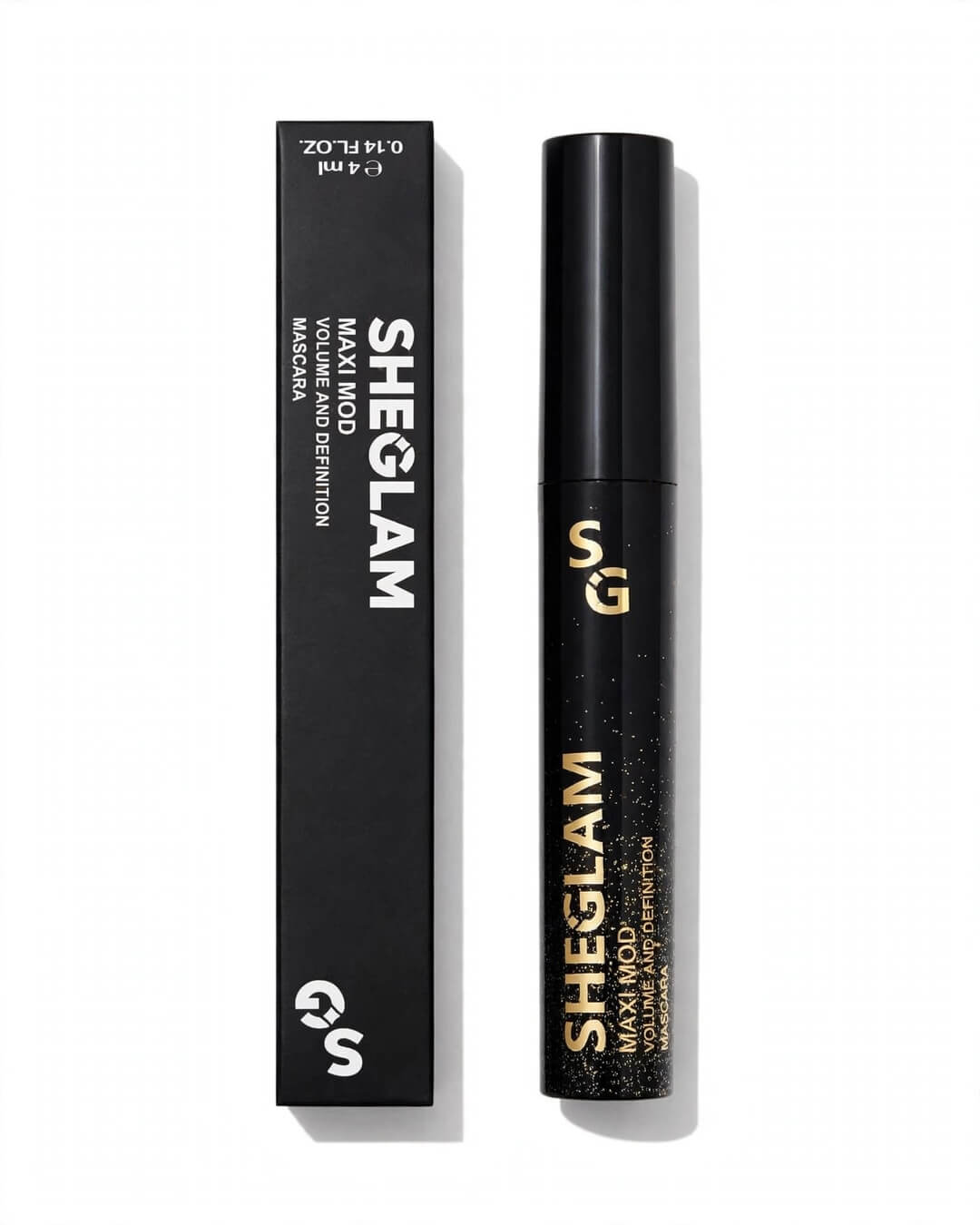 SHEGLAM Maxi Mod Volume and Definition Mascara black box and closed black gold glitter tube duo front showing SHEGLAM branding e 4ml 0.14 FL OZ - original Pakistan