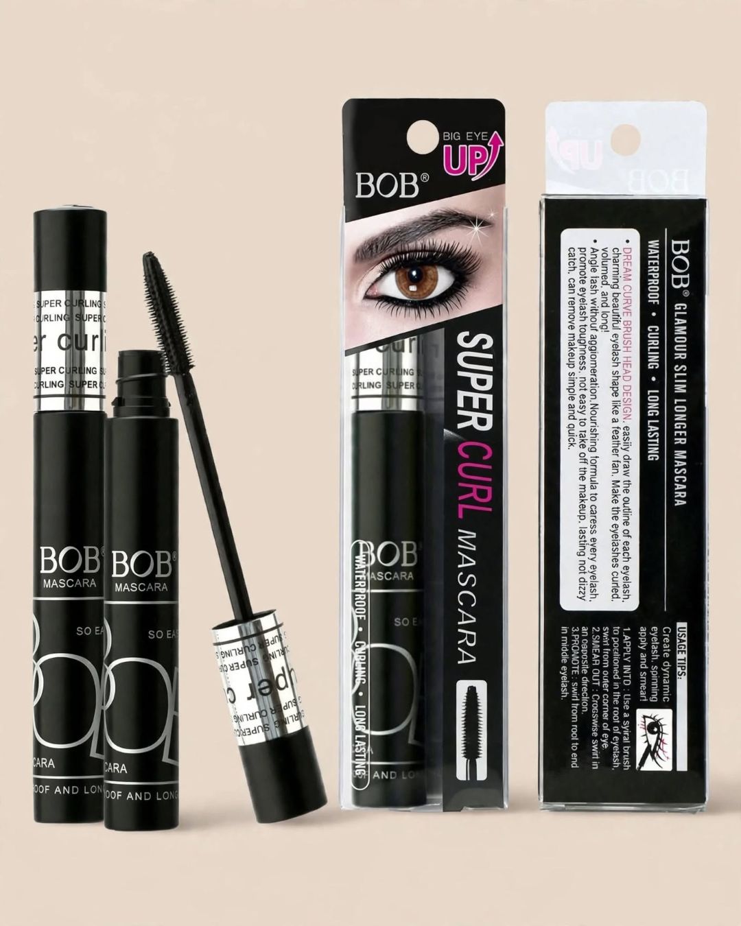 BOB Super Curl Mascara Original Packaging - Big Eye Up box front and back waterproof curling long lasting Pakistan
