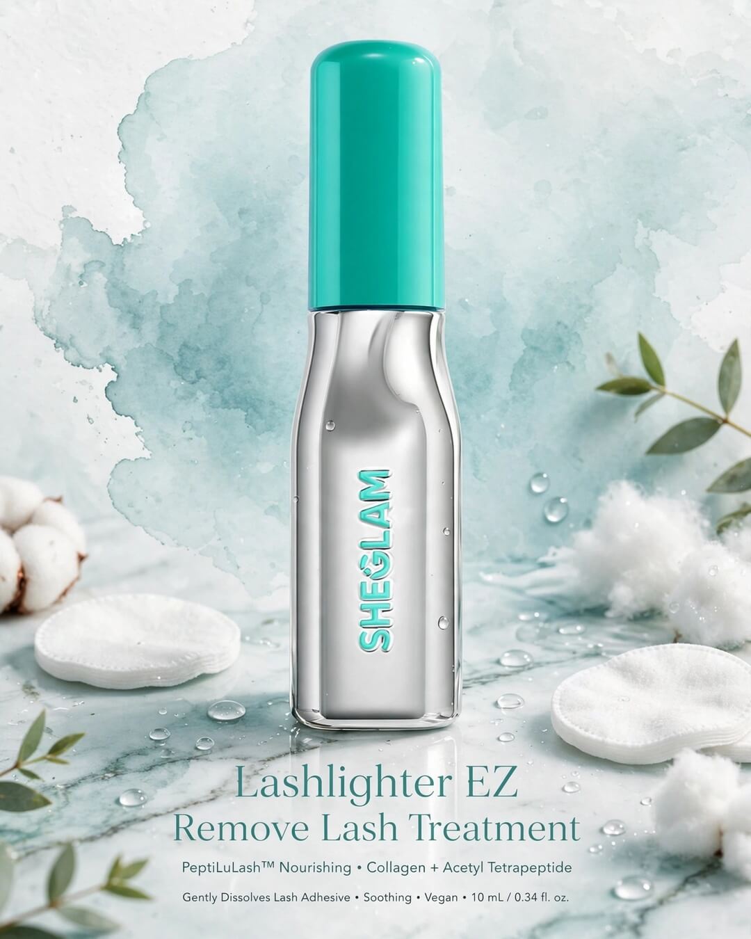 SHEGLAM Lashlighter EZ Remove Lash Treatment aesthetic spa shot with cotton pads water droplets marble teal watercolor PeptiLuLash nourishing