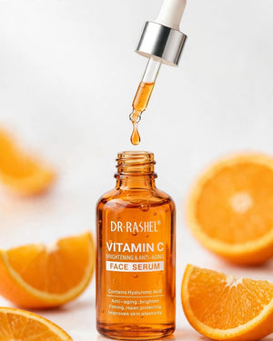 Dropper texture shot of Dr Rashel Vitamin C Face Serum showing golden serum drop - lightweight hydrating formula for daily radiance