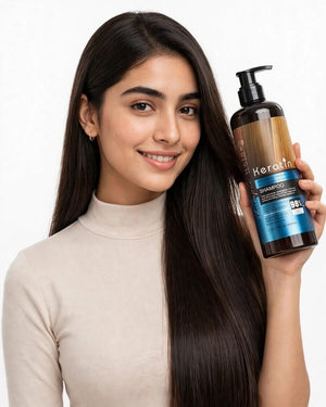 Pakistani woman with long smooth silky straight hair holding Keratin Shampoo Hair Pearly Wire Drawing 900ml sulphate free - Best sulphate free keratin shampoo in Pakistan for dry frizzy chemically treated hair, sulfate free with natural botanical extracts