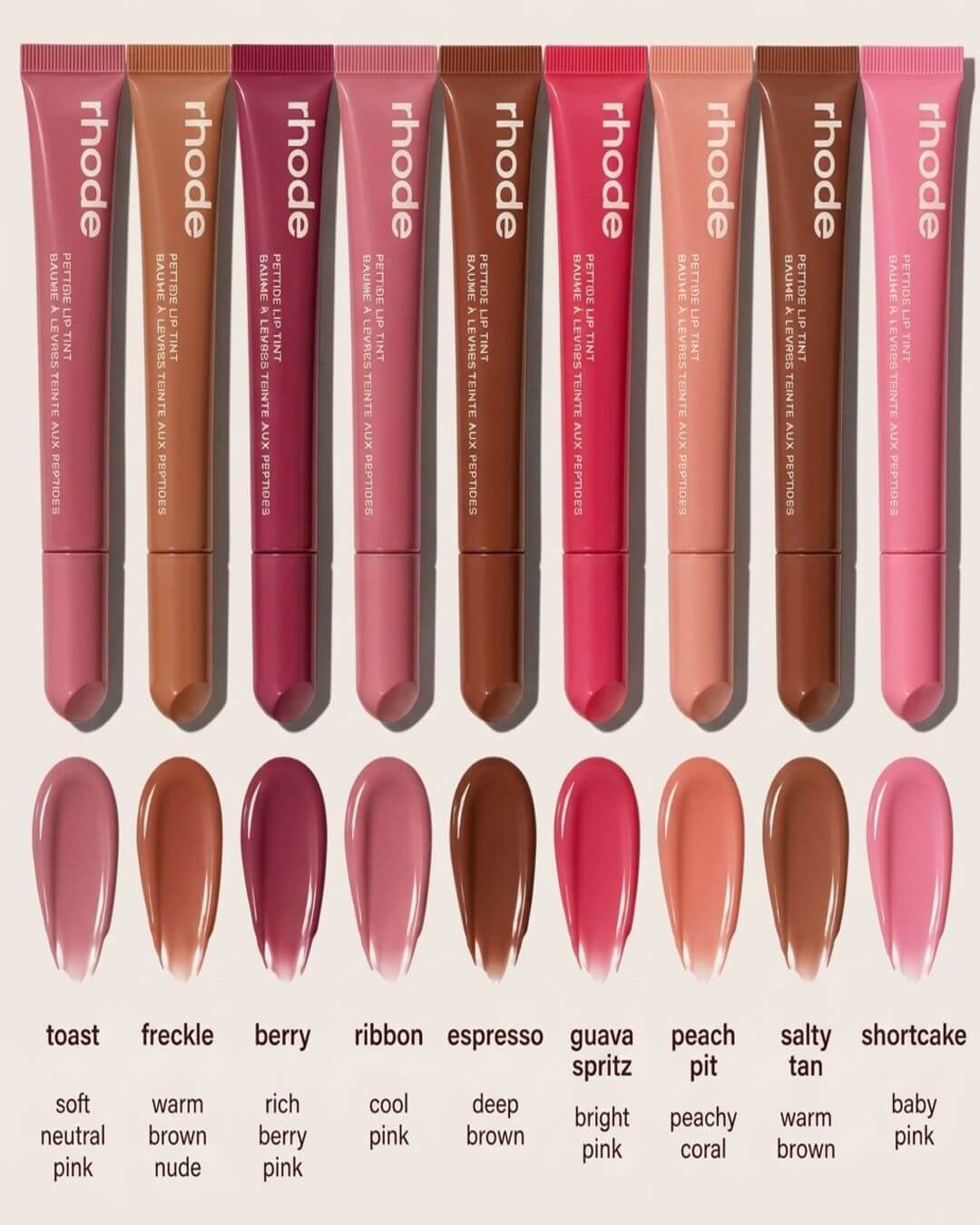 A row of Rhode lip gloss tubes in various shades, displayed above corresponding glossy swatches with shade names and descriptors on a pink background.
