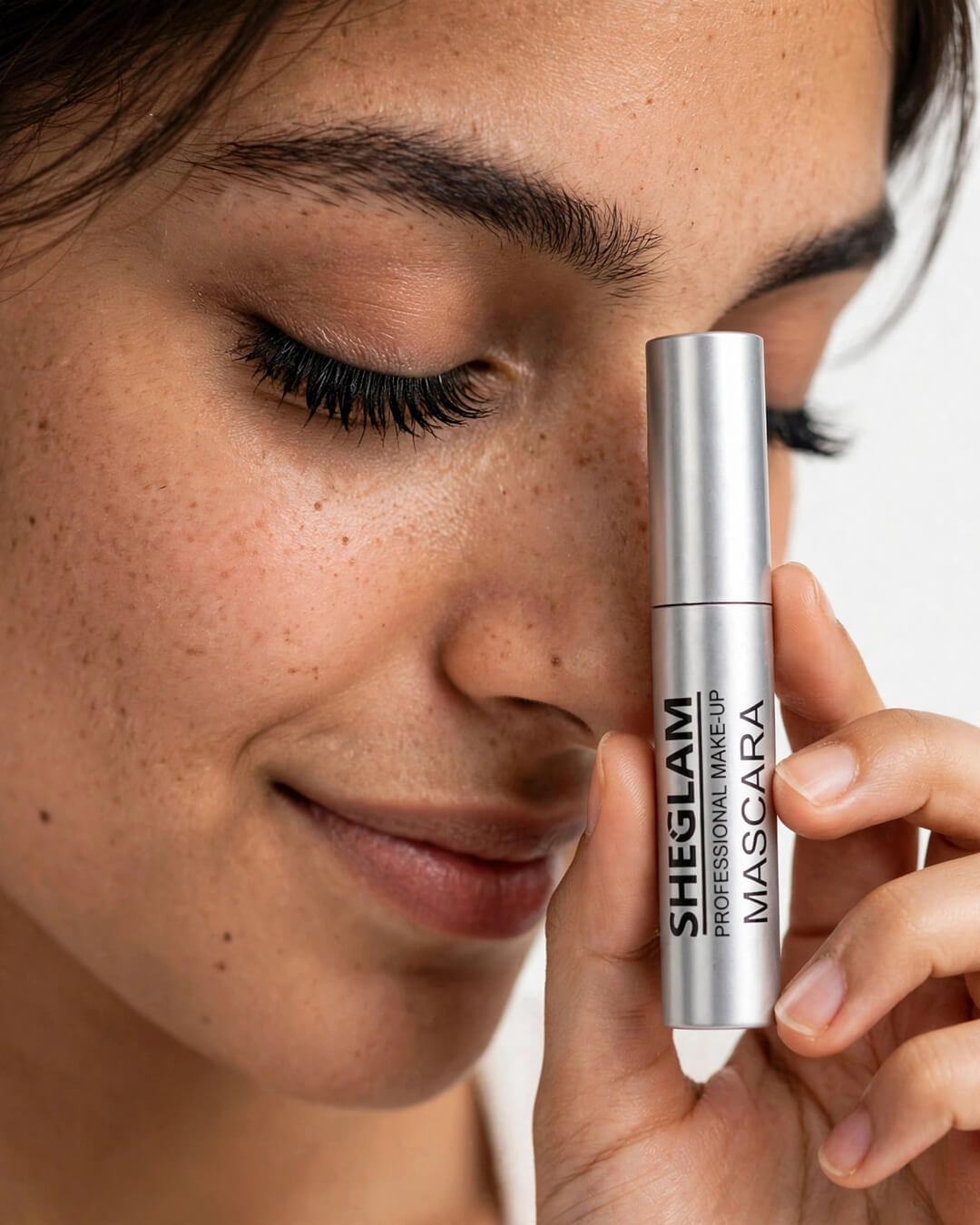 Pakistani model showing SHEGLAM Big Time Eyes Volumizing Mascara result - big bold lifted fanned-out lashes with olive shaped brush - real life size product in hand - smudgeproof long lasting