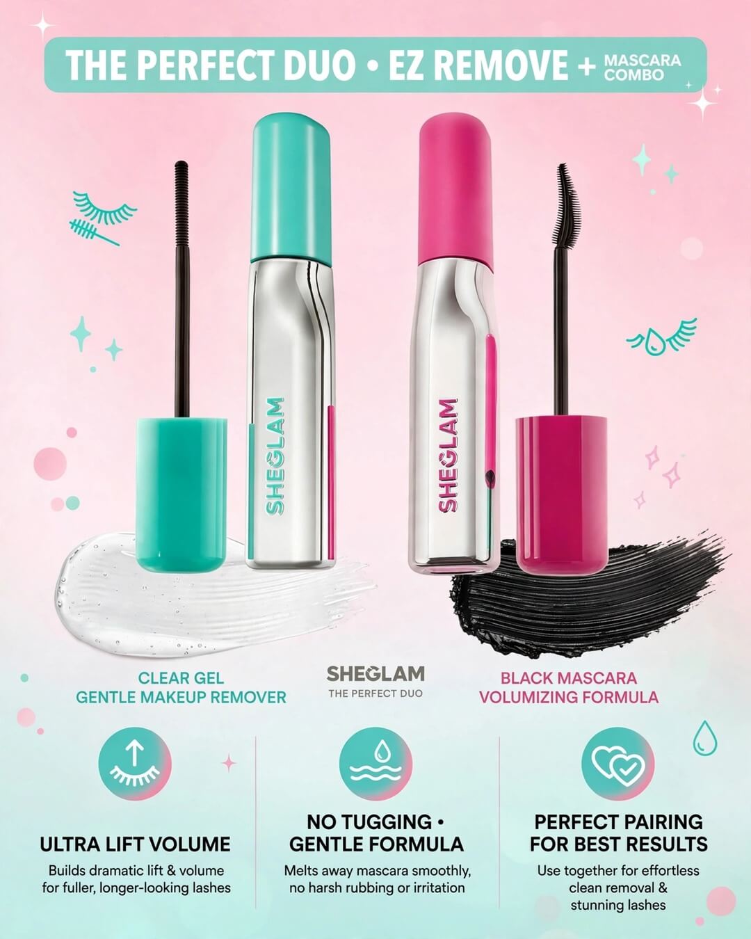SHEGLAM Lashlighter mascara and EZ Remove perfect duo combo benefits infographic ultra lift volume no tugging gentle formula black and clear gel swatch Pakistan