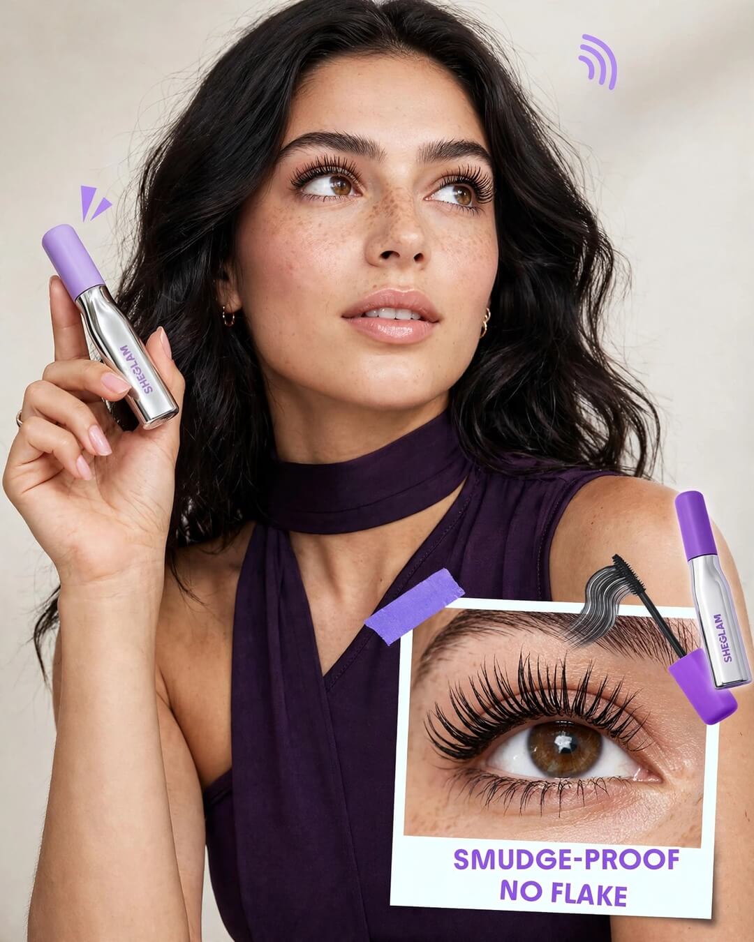 SHEGLAM Mega Boost mascara model lifestyle with long lifted voluminous lashes holding purple cap silver bottle smudge proof no flake result
