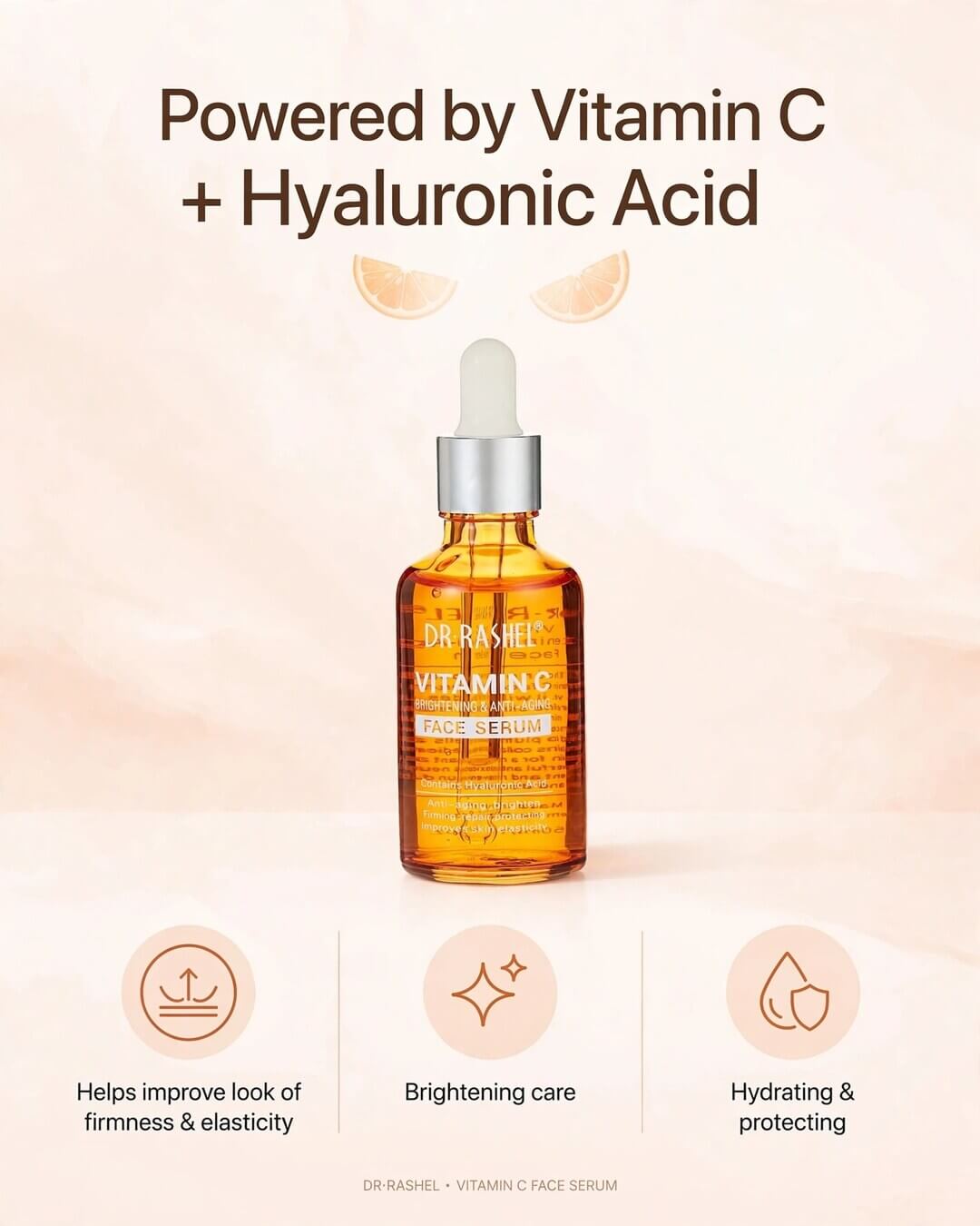 Key benefits of Dr Rashel Vitamin C Face Serum powered by Vitamin C and Hyaluronic Acid - helps improve look of firmness elasticity brightening hydrating protection
