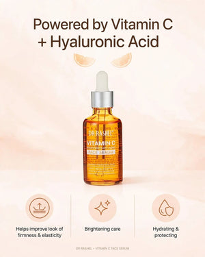 Key benefits of Dr Rashel Vitamin C Face Serum powered by Vitamin C and Hyaluronic Acid - helps improve look of firmness elasticity brightening hydrating protection