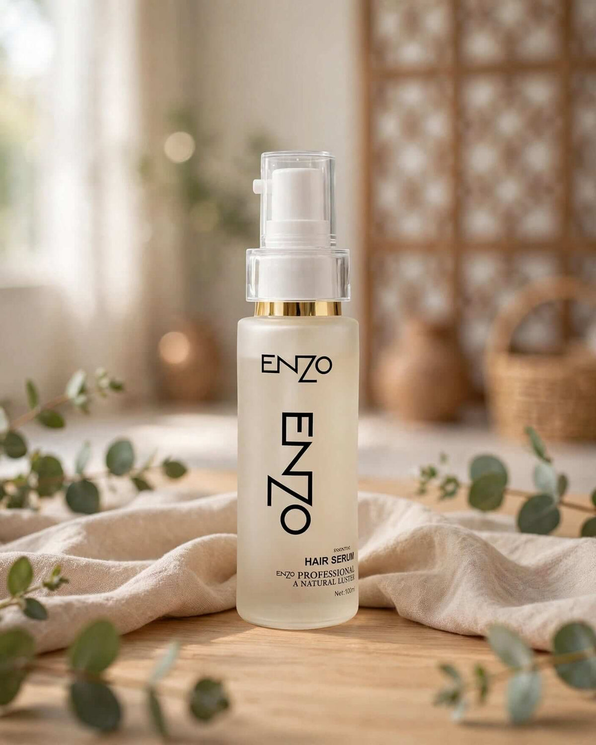 ENZO Keratin Hair Serum 100ml lifestyle on wooden table with soft linen and eucalyptus leaves - daily hair care for natural luster - 4Chand.pk Pakistan