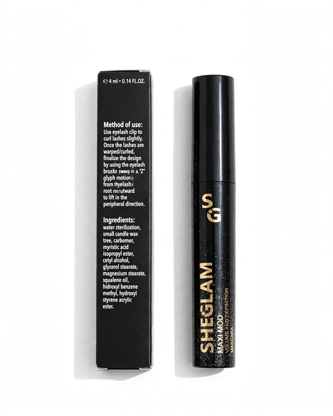 Back side details SHEGLAM Maxi Mod Volume and Definition Mascara black box method of use Z glyph from eyelash root to lift ingredients - original authentic details Pakistan