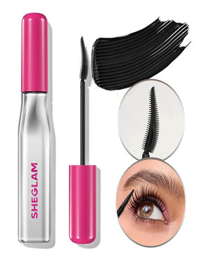 SHEGLAM Lashlighter Up and Out mascara infographic showing black texture swatch, curved UP and OUT brush detail and lifted long lashes eye application result - best mascara in Pakistan